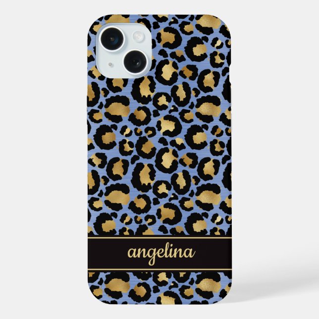 Coque iPhone Feuille d'or sur monogramme imprimé léopard bleu (Verso)