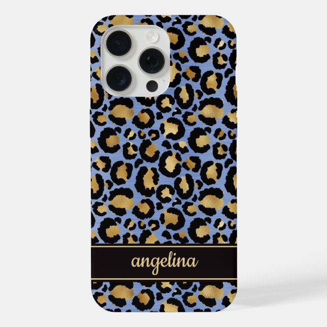 Coque iPhone Feuille d'or sur monogramme imprimé léopard bleu (Verso)
