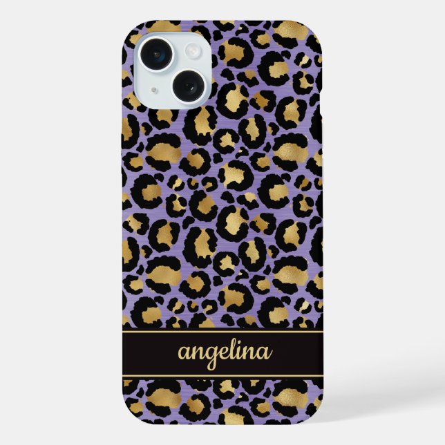 Coque iPhone Feuille d'or sur monogramme imprimé léopard violet (Verso)