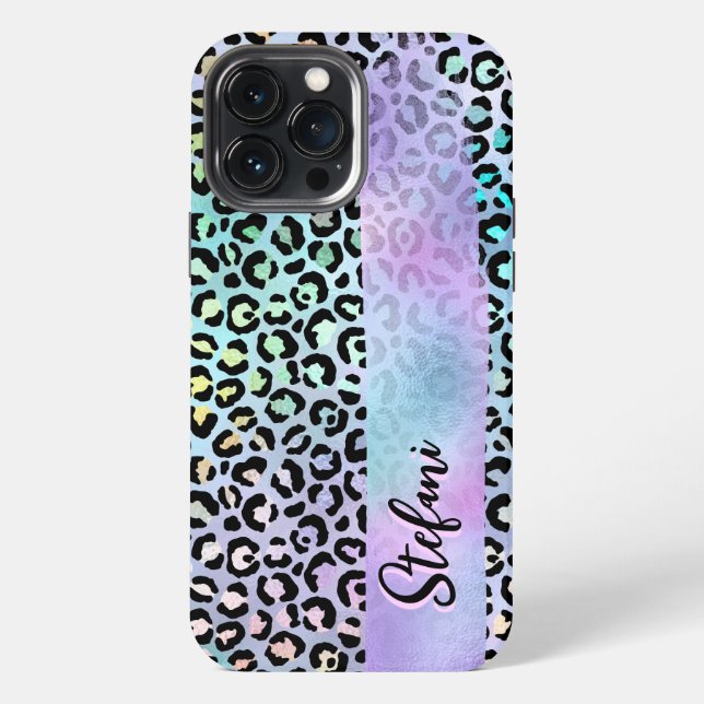 Coque iPhone Feuille iridescente arc-en-ciel léopard violet (Verso)