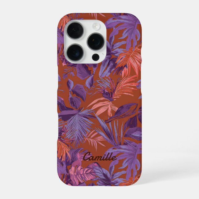 Coque iPhone Feuille Tropicale Moderne Rouge Violet  (Verso)