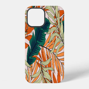 Coque iPhone 12 Feuille vert tropical beige, motif sans soudure.