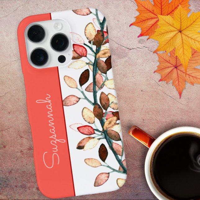 Coque iPhone Feuilles d'automne blanches corail élégantes Nom p (template phone case back design)