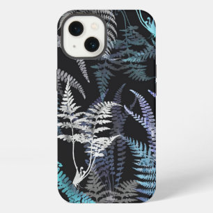 Etui iPhone 13 Feuilles de fougère bleu foncé élégantes modernes