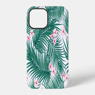 Coque iPhone 12 Feuilles de palmiers tropicaux verts avec fleurs d