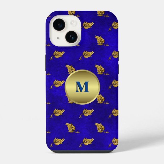 Coque iPhone Feuilles dorées sur velours bleu monogrammé (Verso)