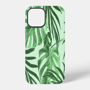 Coque iPhone 12 Feuilles et fleurs tropicales, motif à l'aquarelle