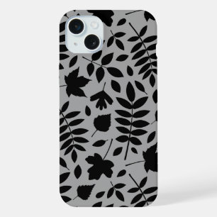 Coque iPhone 15 Plus Feuilles mortes grand motif noir sur gris