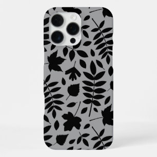 Coque iPhone 16 Pro Max Feuilles mortes grand motif noir sur gris