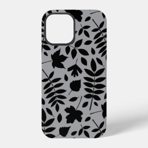 Coque iPhone 12 Feuilles mortes grand motif noir sur gris