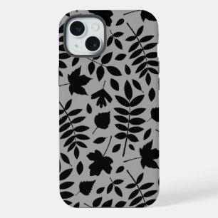 Coque iPhone 15 Plus Feuilles mortes grand motif noir sur gris