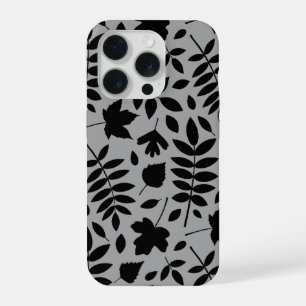 Coque iPhone 15 Pro Feuilles tombés Lg Motif noir sur gris