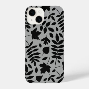 Coque Pour iPhone 14 Feuilles tombés Lg Motif noir sur gris