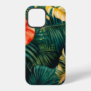 Coque iPhone 12 Pro Feuilles tropicales colorées et fleurs d'Hibiscus