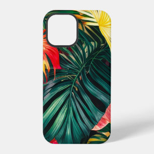 Coque iPhone 12 Pro Feuilles tropicales colorées et fleurs d'Hibiscus 