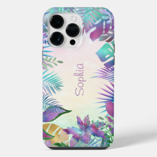 Coque Pour Pour iPhone 14 Pro Max Feuilles tropicales, ombre turquoise et verte, nom