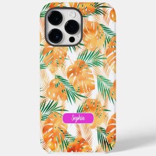 Coque Pour Pour iPhone 14 Pro Max Feuilles tropicales orange et vert, nom en écritur