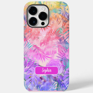 Coque Pour Pour iPhone 14 Pro Max Feuilles tropicales rose violet or sarcelle, nom m