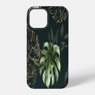 Coque iPhone 12 Feuilles Tropicaux en or : Aquarelle foncée