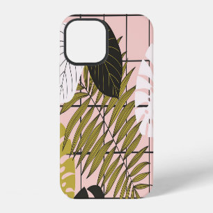 Coque iPhone 12 Feuilles tropicaux, fleurs, motif peint à la main.