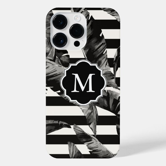 Coque iPhone Feuilles tropicaux noirs et blancs (Verso)