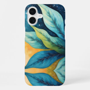 Coque iPhone 16 Plus Feuilles Vert Bleu Soleil Doré et Étoiles