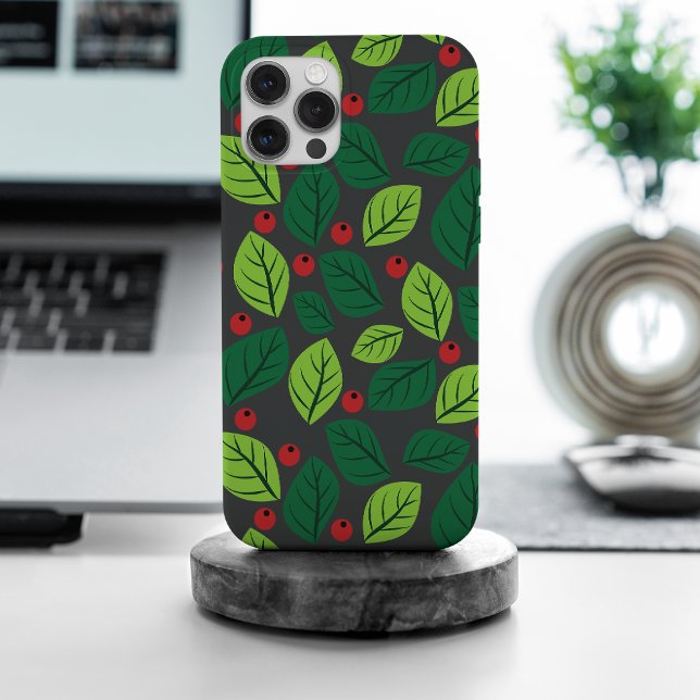 Coque iPhone Feuilles Vertes, Baies Rouges, Motif De Feuilles (Créateur téléchargé)