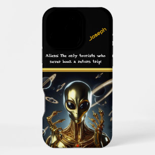 Coque iPhone 16 Pro Max Figure Alien dorée parmi les anneaux cosmiques à l