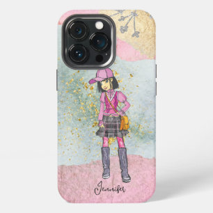 Etui iPhone 13 Pro Fille à la mode aux cheveux foncés Doodle Nom