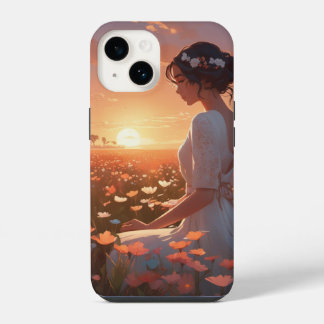 Coque Pour iPhone 14 Fille animée en blanc assise dans un champ de fleu