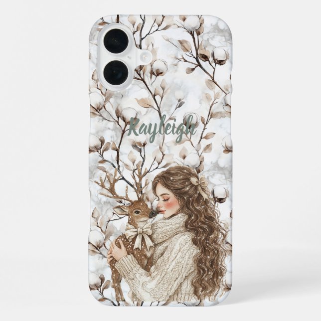 Coque iPhone Fille aux cheveux bruns avec cerf   (Verso)