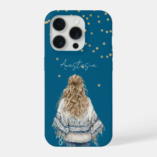 Coque iPhone 15 Pro Fille Blonde Sweat Bleu Confettis Dorés