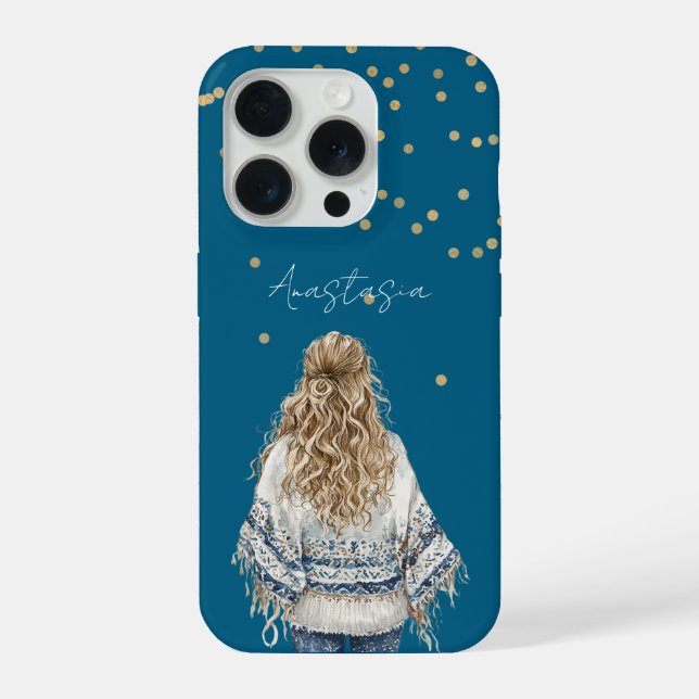 Coque iPhone Fille Blonde Sweat Bleu Confettis Dorés (Verso)