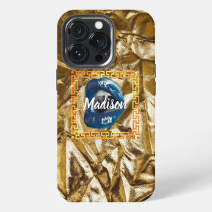 Etui iPhone 13 Pro Fille chic beauté lèvres or bleu personnalisée