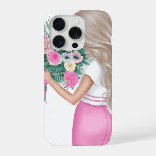 Coque iPhone 15 Pro Fille de mode chic tenant un bouquet floral rose 
