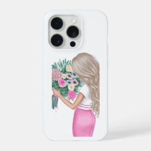 Coque iPhone 15 Pro Fille de mode chic tenant un bouquet floral rose 