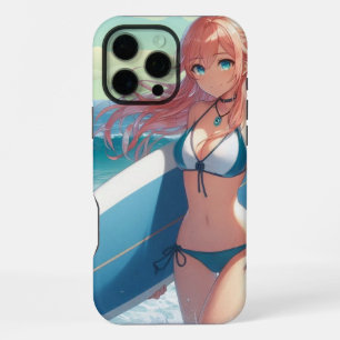 Coque iPhone 16 Pro Max Fille de surfeur anime côtière/nautique/tropicale