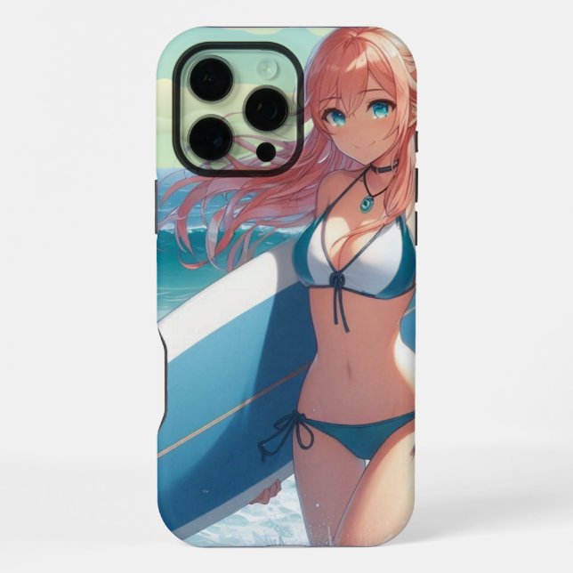 Coque iPhone Fille de surfeur anime côtière/nautique/tropicale (Verso)