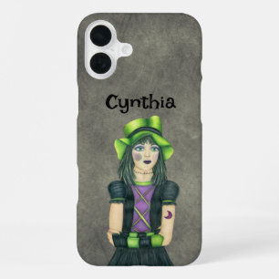 Coque iPhone 16 Plus Fille gothique cheveux noirs et verts tatouages gr
