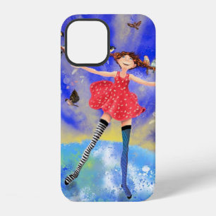 Coque iPhone 12 Fille heureuse avec des oiseaux