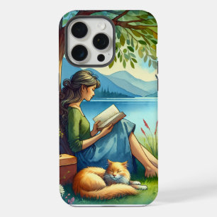 Coque iPhone 15 Pro Max Fille lisant un livre sous un arbre avec un chat e
