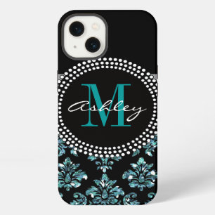 Etui iPhone 13 Fille Parties scintillant Bleu Noir Damas Personna