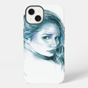 Etui iPhone 13 Fille portrait dessin au crayon Bleu