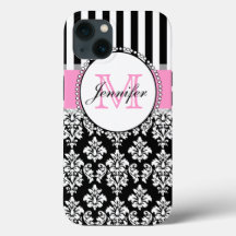 Fille rose noir Damas rayé Monogramme