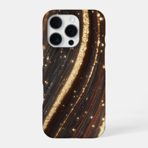 Coque iPhone 16 Pro Finition noyer foncé avec rivières d'or scintillan