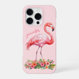 Coque iPhone 16 Pro Flamant rose avec fleurs tropicales