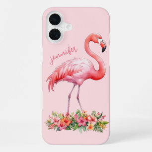 Coque iPhone 16 Plus Flamant rose avec fleurs tropicales