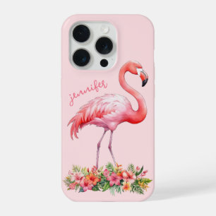 Coque iPhone 15 Pro Flamant rose avec fleurs tropicales