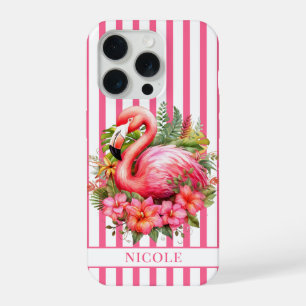 Coque iPhone 15 Pro Flamant rose avec fleurs tropicales sur rayures
