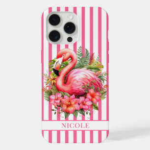 Coque iPhone 15 Pro Max Flamant rose avec fleurs tropicales sur rayures